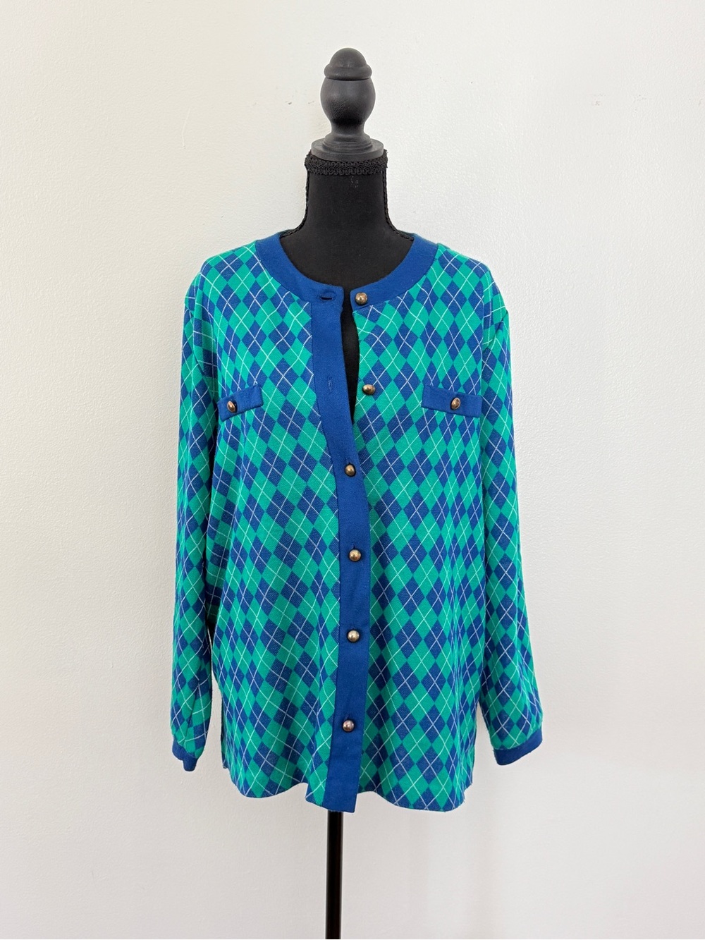Blue & Green Argyle Button-Front Cardigan Sweater